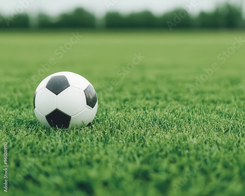 A soccer ball resting on freshly cut green grass, symbolizing the intersection of sports and wellmaintained ground, soccer field, green turf