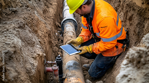 Engineer in high-visibility gear using a tablet to inspect underground pipelines in a trench. This image showcases the critical work of monitoring and maintaining infrastructure. photo