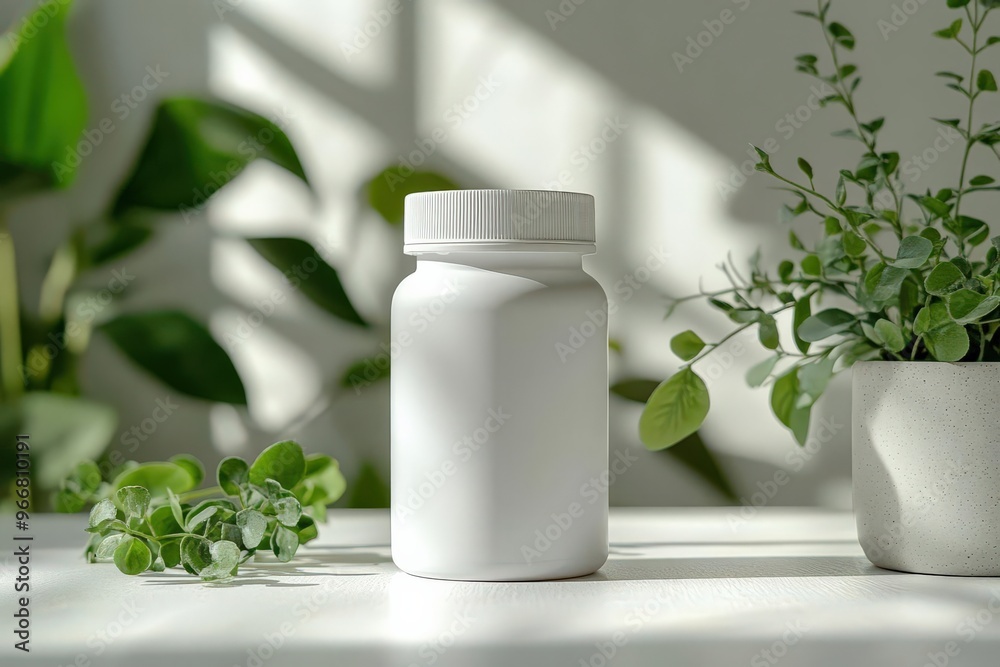 A mockup of a blank supplement bottle sitting on a clean white background with plants behind, minimal setting A mockup of a blank supplement bottle sitting on a clean white background with plants behind, minimal setting