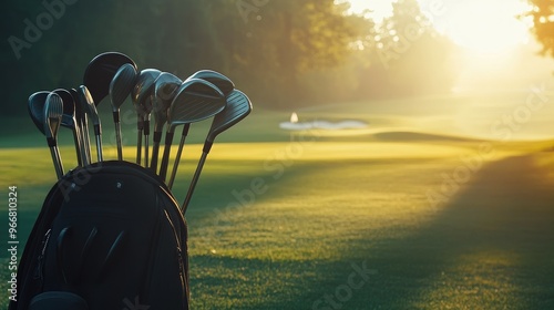 Golf bag filled with clubs standing on a green golf course, early morning light, serene and peaceful outdoor setting