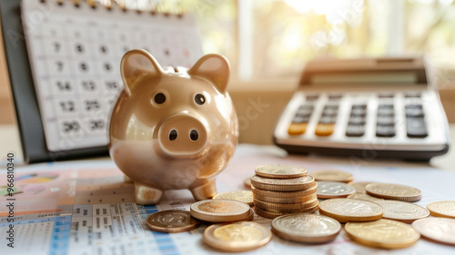 A piggy bank on a stack of coins, with a calendar and calculator in the background, highlighting savings, finance, and money management in a simple home setting. AI generative photo