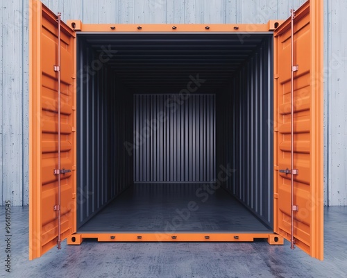 Empty shipping container with reinforced steel walls, durable storage unit, 3D illustration