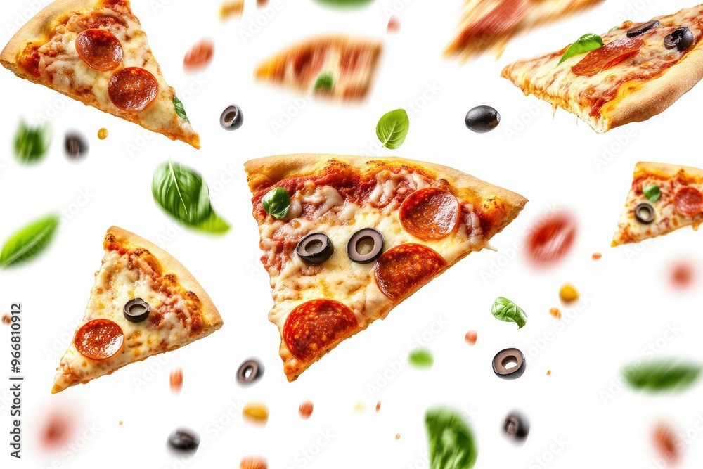 Pizza slices flying, isolated on white background. Delicious peperoni pizza slices pepperonis and olives, floating pizza pieces with melting cheese with basil leaves flying. Italian style pizza, ai Pizza slices flying, isolated on white background. Delicious peperoni pizza slices pepperonis and olives, floating pizza pieces with melting cheese with basil leaves flying. Italian style pizza, ai