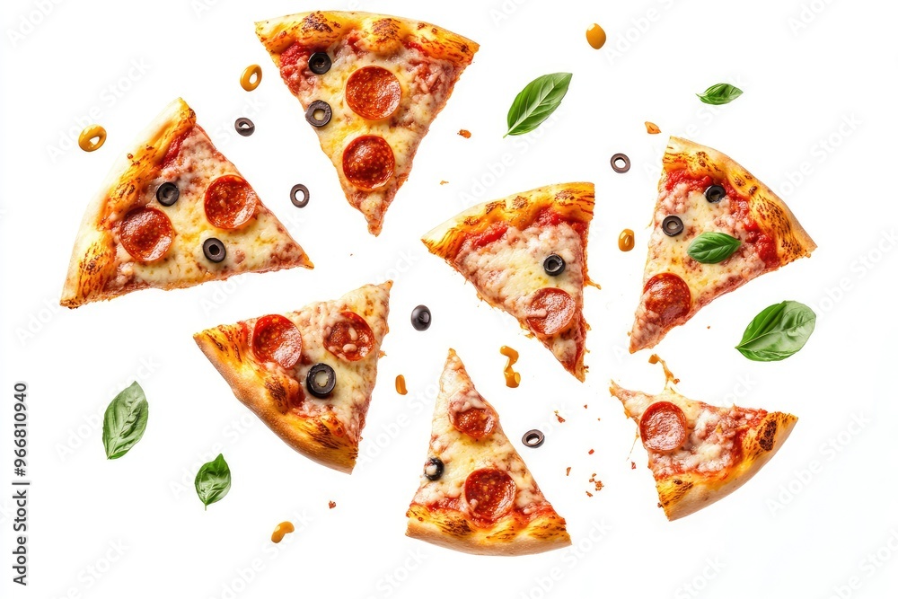 Pizza slices flying, isolated on white background. Delicious peperoni pizza slices pepperonis and olives, floating pizza pieces with melting cheese with basil leaves flying. Italian style pizza, ai Pizza slices flying, isolated on white background. Delicious peperoni pizza slices pepperonis and olives, floating pizza pieces with melting cheese with basil leaves flying. Italian style pizza, ai