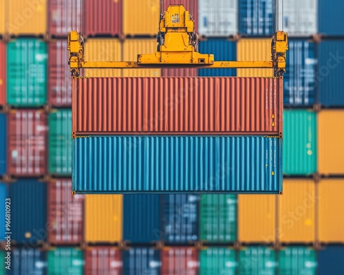 A stack of industrial shipping containers being loaded onto a cargo ship, symbolizing global trade and efficient transport, shipping containers, global transport photo