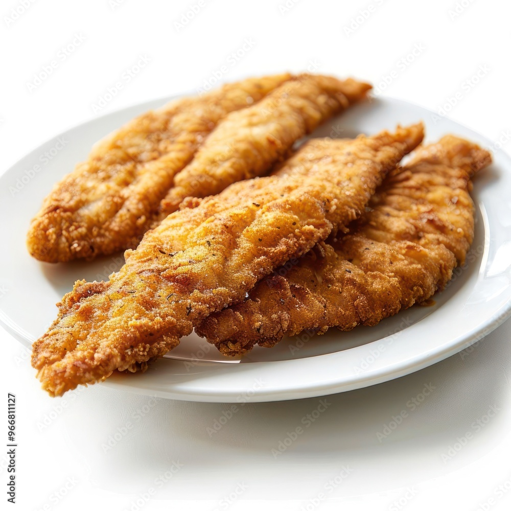 White plate holding a pair of crispy, golden-brown fish sticks ready to be served.
