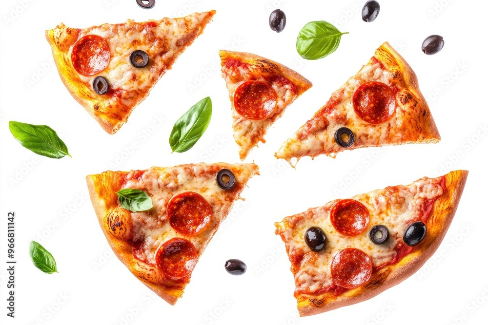 Pizza slices flying, isolated on white background. Delicious peperoni pizza slices pepperonis and olives, floating pizza pieces with melting cheese with basil leaves flying. Italian style pizza, ai Pizza slices flying, isolated on white background. Delicious peperoni pizza slices pepperonis and olives, floating pizza pieces with melting cheese with basil leaves flying. Italian style pizza, ai