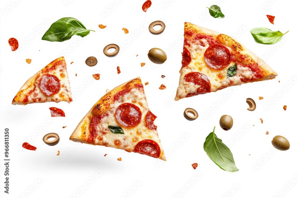 Pizza slices flying, isolated on white background. Delicious peperoni pizza slices pepperonis and olives, floating pizza pieces with melting cheese with basil leaves flying. Italian style pizza, ai Pizza slices flying, isolated on white background. Delicious peperoni pizza slices pepperonis and olives, floating pizza pieces with melting cheese with basil leaves flying. Italian style pizza, ai