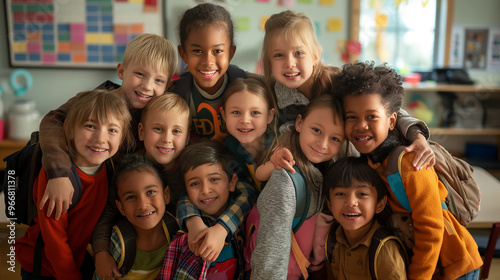 a diverse group of children posing for the camera in a classroom