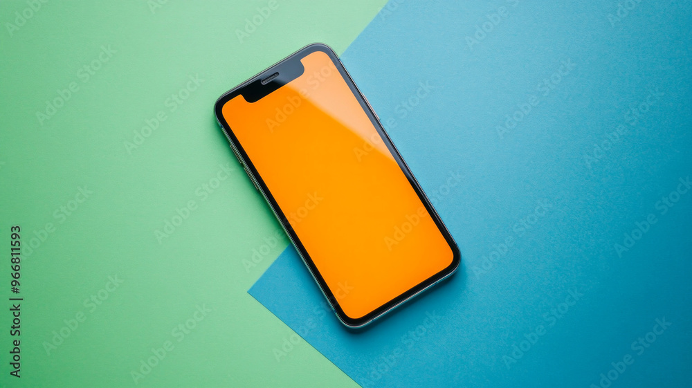 a phone with an orange screen on a green and blue background; green and blue color scheme, AI Generative a phone with an orange screen on a green and blue background; green and blue color scheme, AI Generative