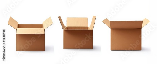 Generate three views, one front view and two side views of the cardboard box on white background, front view angle, side view angle, open top, flat carton, square shape, brown colo