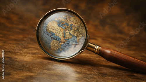 A magnifying glass highlights a specific part of the globe, zooming in on detailed geography in a unique perspective. The image focuses on exploration and discovery. AI generative photo