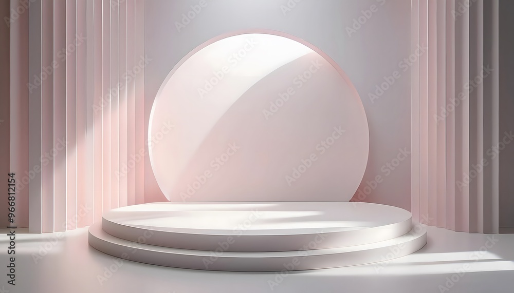 3D rendering of a minimalist product display stand design with wall-mounted spotlights. 3D rendering of a minimalist product display stand design with wall-mounted spotlights.