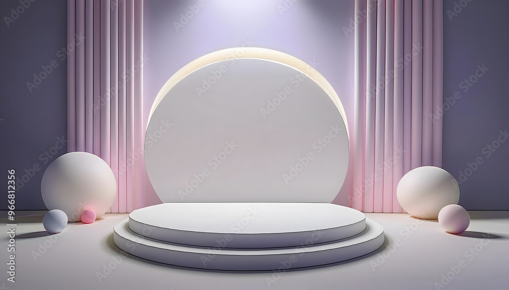 3D rendering of a minimalist product display stand design with wall-mounted spotlights.