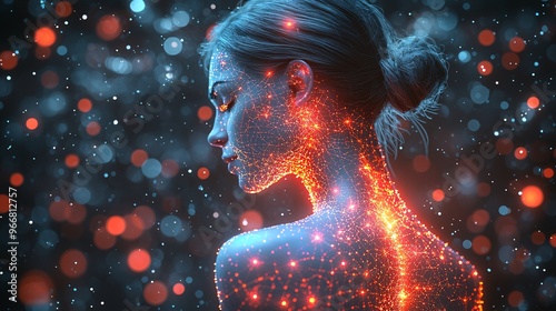 A digital art piece showing a shoulder surrounded by glowing, red-hot lines, representing pain and inflammation.