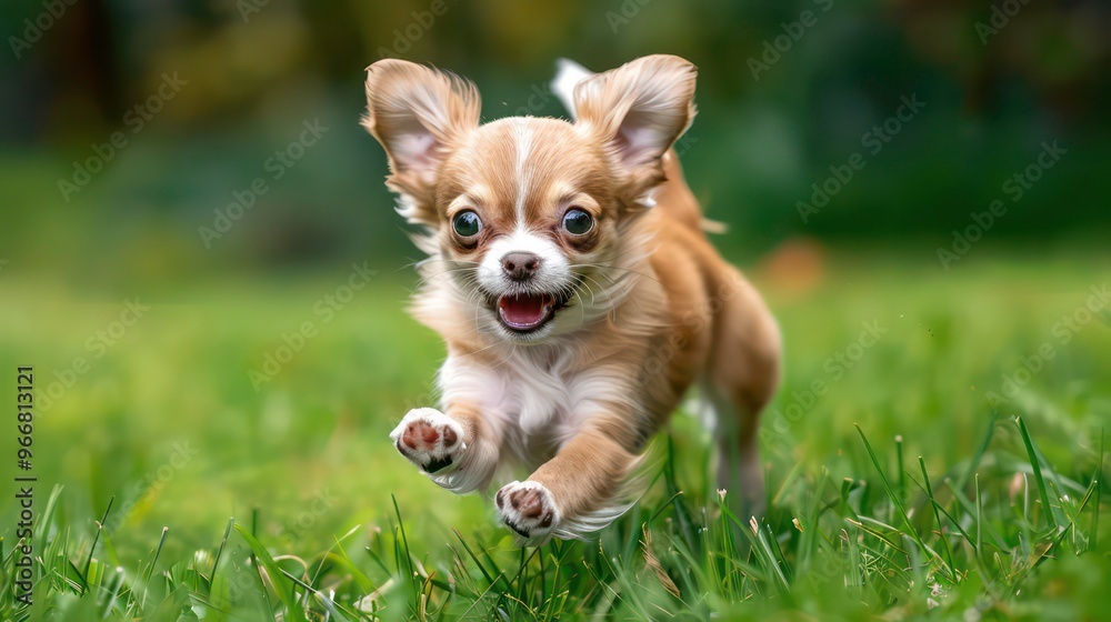 A small, brown and white chihuahua puppy runs towards the camera with its tongue sticking out and a happy expression on its face, while standing on a lush green lawn. A small, brown and white chihuahua puppy runs towards the camera with its tongue sticking out and a happy expression on its face, while standing on a lush green lawn.