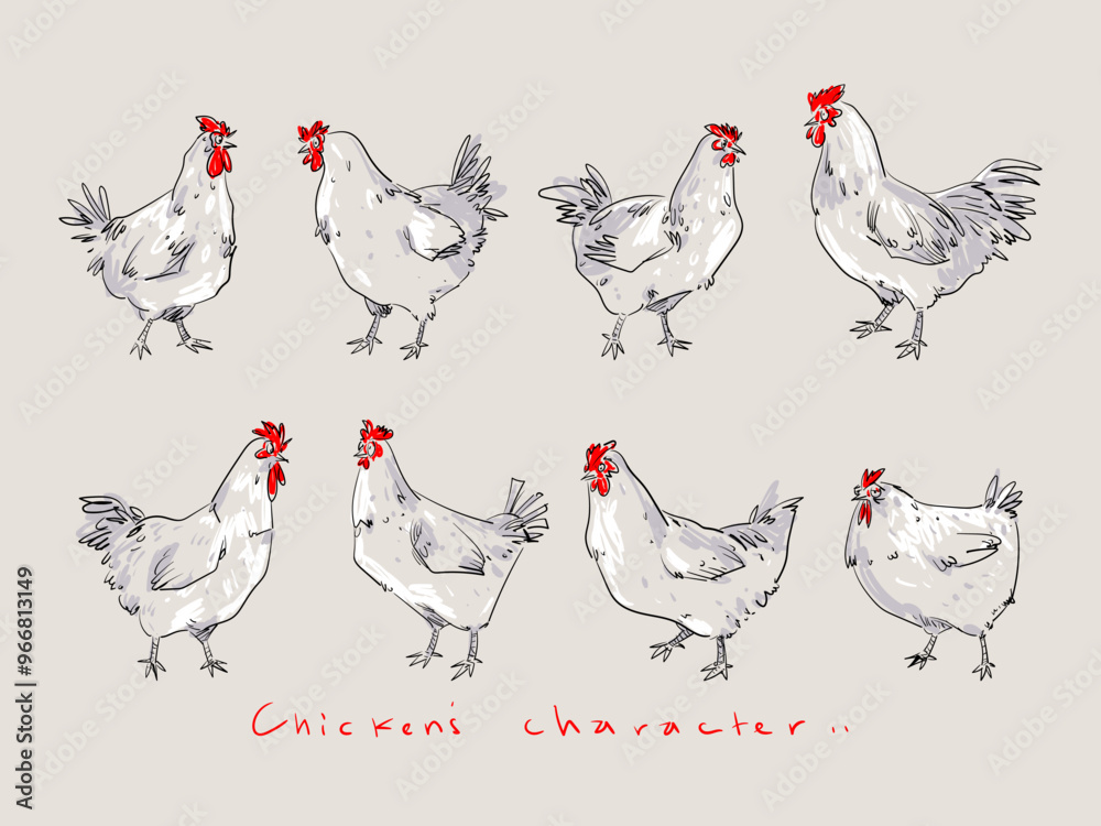 Set of chicken, hen, rooster animal hand drawn line art vector ...