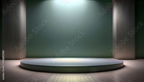 3D rendering of a minimalist product display stand design with wall-mounted spotlights.