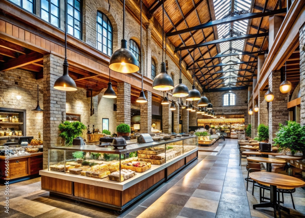 Elegant food hall interior featuring natural stone walls, reclaimed wood accents, and modern pendant lighting, surrounded by bustling specialty food stalls and cafes. Elegant food hall interior featuring natural stone walls, reclaimed wood accents, and modern pendant lighting, surrounded by bustling specialty food stalls and cafes.