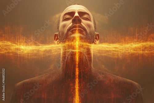 Biofeedback neuroplastic change and biorhythmic pattern human face covered in golden light beams symbolizing energy neural pathways and abstract cognition photo