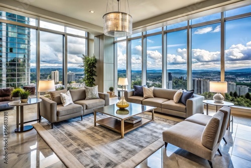 Elegant high-rise condominium living room in Bellevue, WA, featuring sleek marble floors, floor-to-ceiling windows, and lavish furniture, exuding sophistication and modern luxury. photo