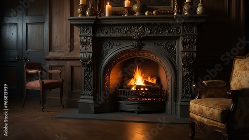 Vintage Victorian fireplace flames. Bright fire burns in an ornate Victorian fireplace, surrounded by antique furnishings. Nostalgic atmosphere. Realistic style. photo