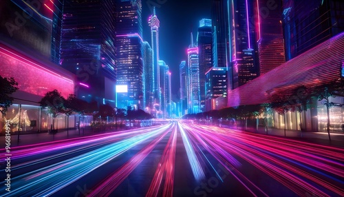 Background of LED lights from buildings and city traffic at night.