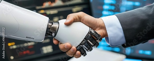 A human hand shakes hands with a robotic arm, symbolizing the merging of technology and humanity in a modern environment.