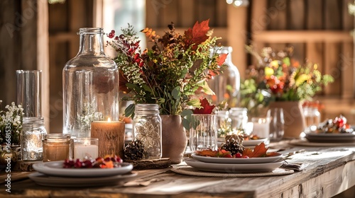 A beautifully arranged rustic dining table adorned with flowers, candles, and seasonal decor, creating a warm and inviting atmosphere.