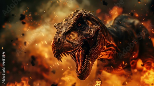 Fototapeta Naklejka Na Ścianę i Meble -  A ferocious Tyrannosaurus Rex dinosaur roars amidst a fiery inferno, its sharp teeth bared and eyes glowing with primal intensity.