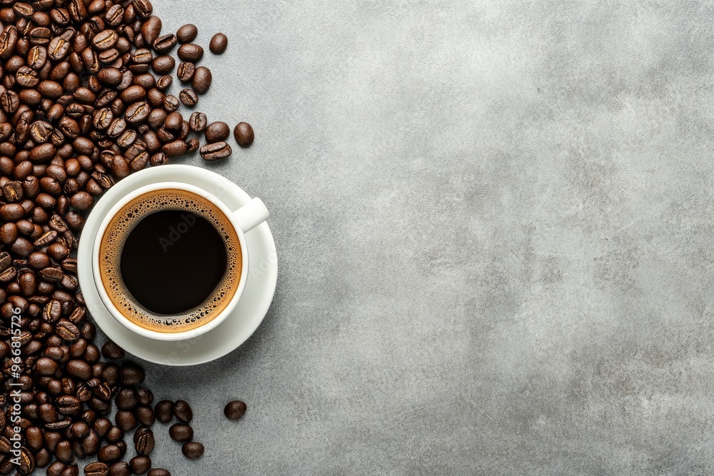 Coffee cup and coffee beans on gray background, Black coffee cup aromatic, ai Coffee cup and coffee beans on gray background, Black coffee cup aromatic, ai