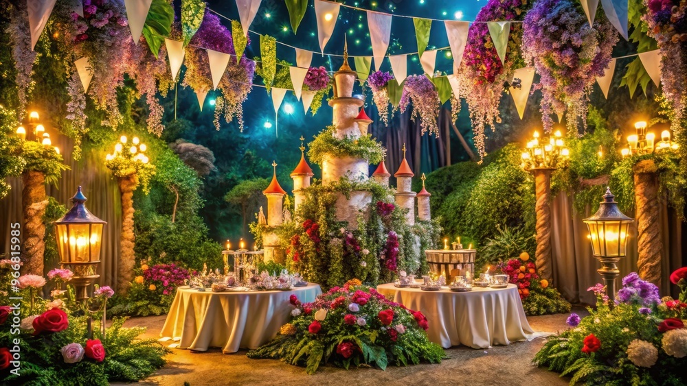 Fototapeta premium Fairytale-inspired magical kingdom centerpiece, sparkling with lights and flags, rises high amidst lush greenery, surrounded by vibrant flowers and whimsical charm.