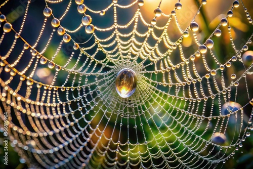 Extreme close-up of a shallow-focused dew-kissed spider web, showcasing intricate details, highlighting the importance of aperture, lighting, and composition in macro photography. photo