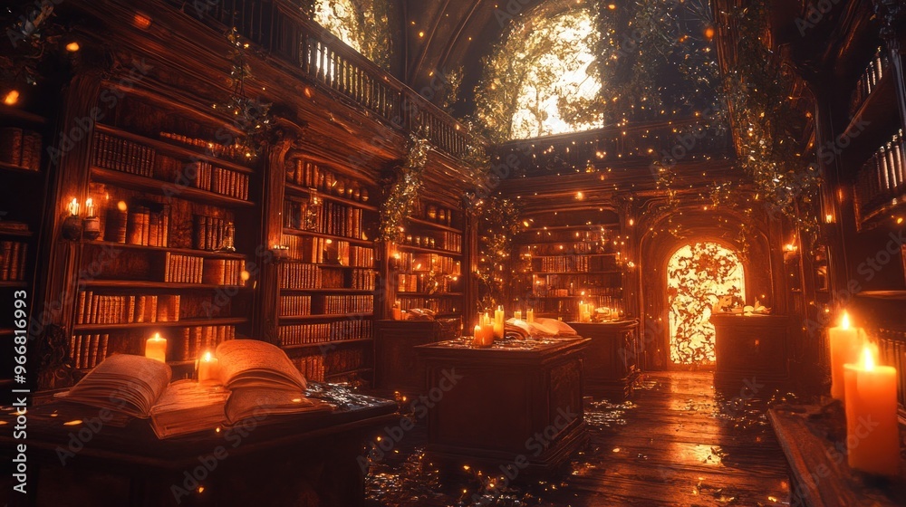 Enchanting library interior with bookshelves candles and magical glow. Enchanting library interior with bookshelves candles and magical glow.