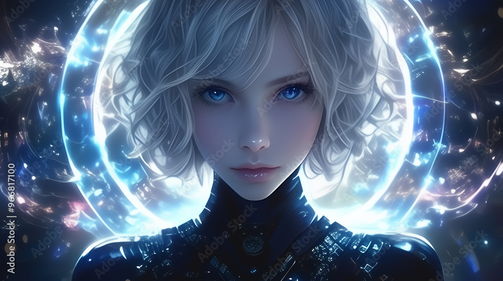 Futuristic AI woman with glowing halo, cyberpunk, science fiction, technology, digital art, portrait Futuristic AI woman with glowing halo, cyberpunk, science fiction, technology, digital art, portrait