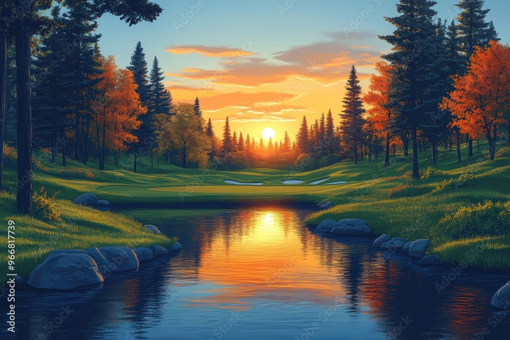 Naklejka premium Sunrise on Golf Course, Minimalist Painting with Bold Colors and Simple Shapes