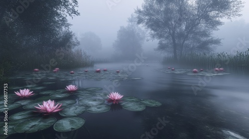 Pink Water Lilies Blooming in a Misty Pond photo