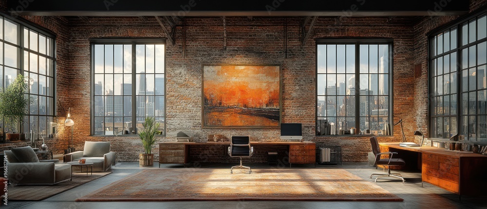 Industrial Loft Office with City Skyline View Industrial Loft Office with City Skyline View