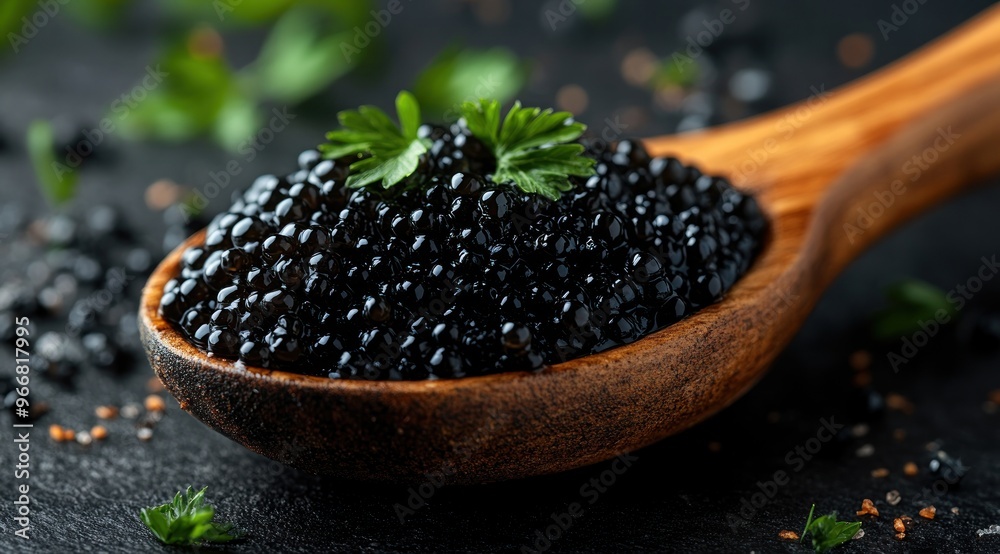 Close-up of Black Caviar in Wooden Spoon Close-up of Black Caviar in Wooden Spoon