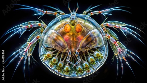 Planktonic crustaceans Daphnia, likely Daphniidae Scapholebris Mucronata, observed under a microscope in freshwater photo