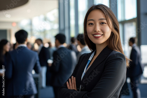 Young asian businesswoman standing in the foreground with her arms crossed