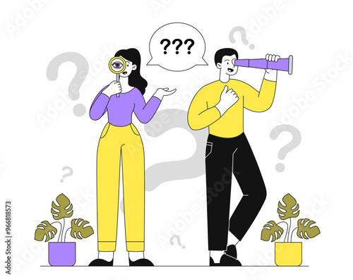 People peeping concept. Woman with magnifying glass and man with binoculars look into distance. Searching and discovering, exploration. Linear vector illustration