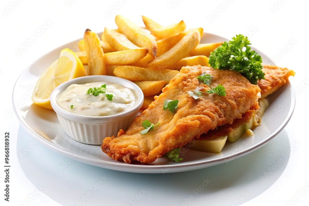 Plate of fish and chips with tartar sauce on white background Plate of fish and chips with tartar sauce on white background