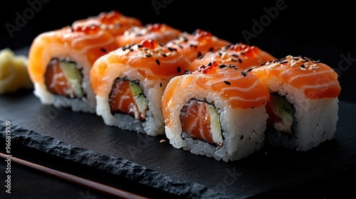 Delicious Salmon Sushi Rolls on a Black Slate Plate