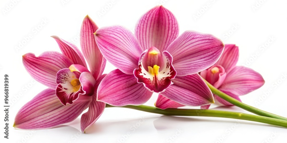 Naklejka premium * Delicate pink cymbidium orchid blooms in solitude on a crisp white canvas, its subtle curves and petals
