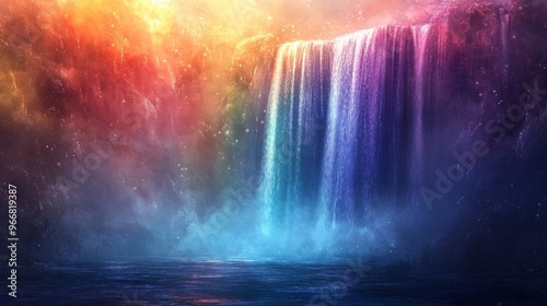 A Mystical Waterfall with Vibrant Colors and a Starry Sky