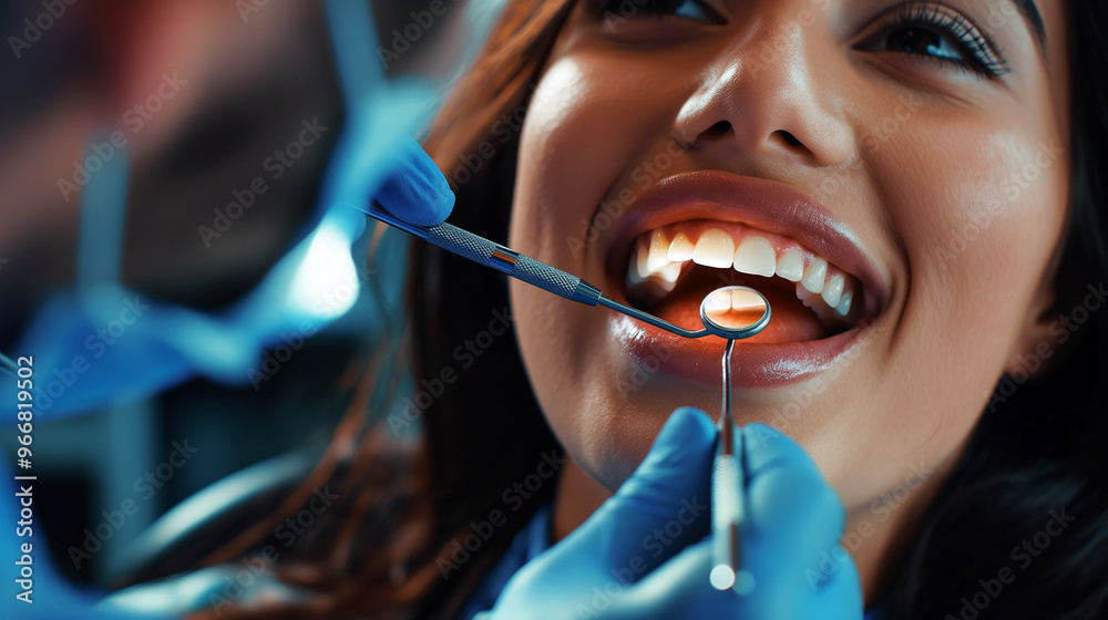 Dentist using dental instruments for a patient's teeth checkup in a clinic Dentist using dental instruments for a patient's teeth checkup in a clinic