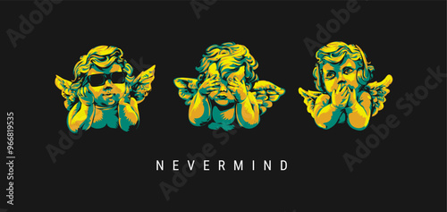 never mind slogan with boy angels close eyes ear and mount vector illustration