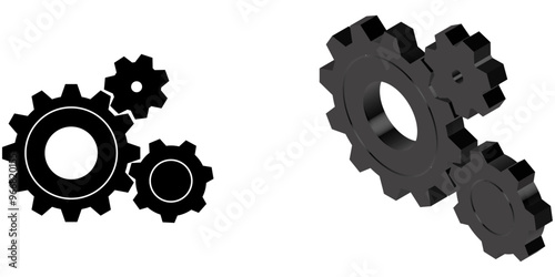 Mechanical engineering concept, gears and cogs composition isometric 3D vector illustration, cogwheels system technology machinery engine.