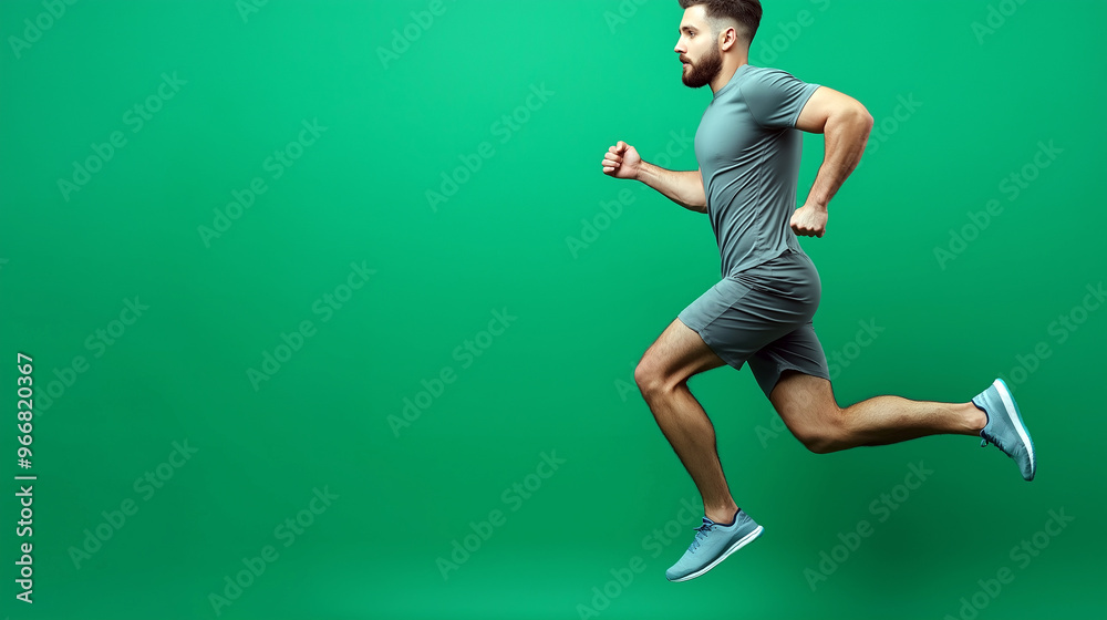 Full-body profile side view of a hot man in sportswear running and jumping Full-body profile side view of a hot man in sportswear running and jumping